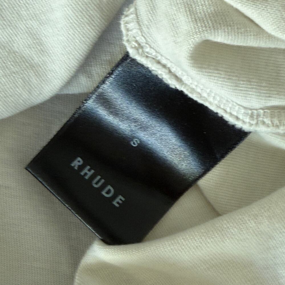 Rhude Logo Tee Cream Black Ringer Embroidered Script Front Back Small - Picture 4 of 5